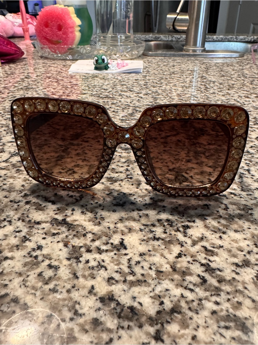 Embellished Brown Oversized Square Sunglasses